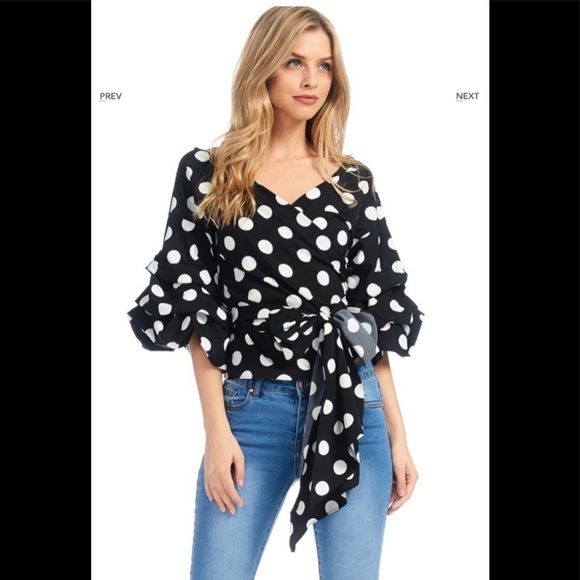 Polka Dot 3qtr Bubble Sleeve Wrap blouse - Picture 3 of 10